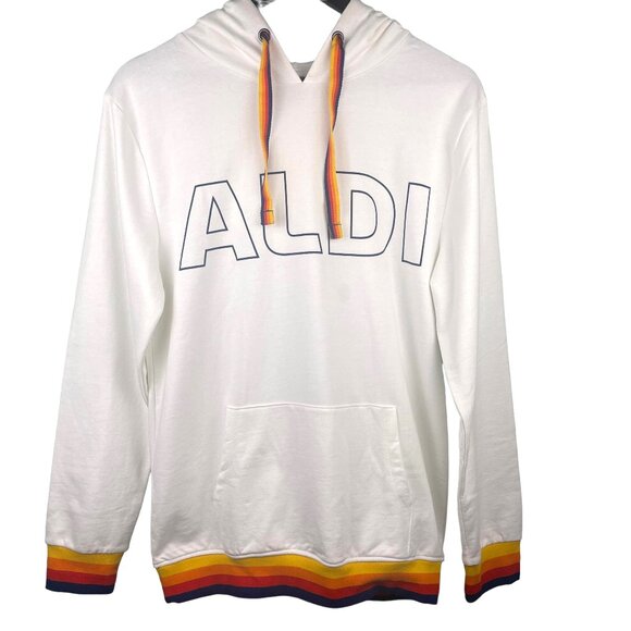 Aldi Gear WHITE LOGO Hooded Sweatshirt Hoodie SZ SMALL UNISEX PULLOVER Stripes - Picture 1 of 8